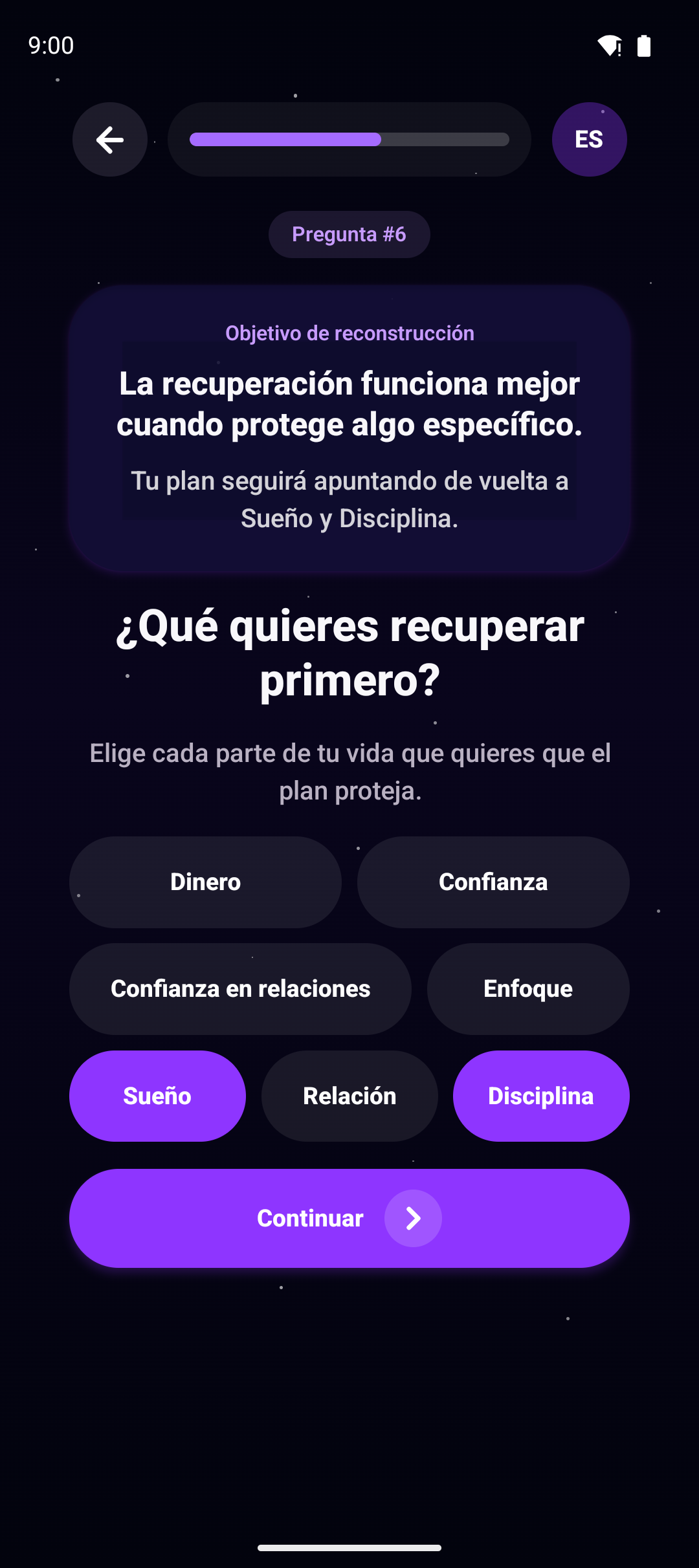 Pantalla de Controol para elegir que recuperar primero