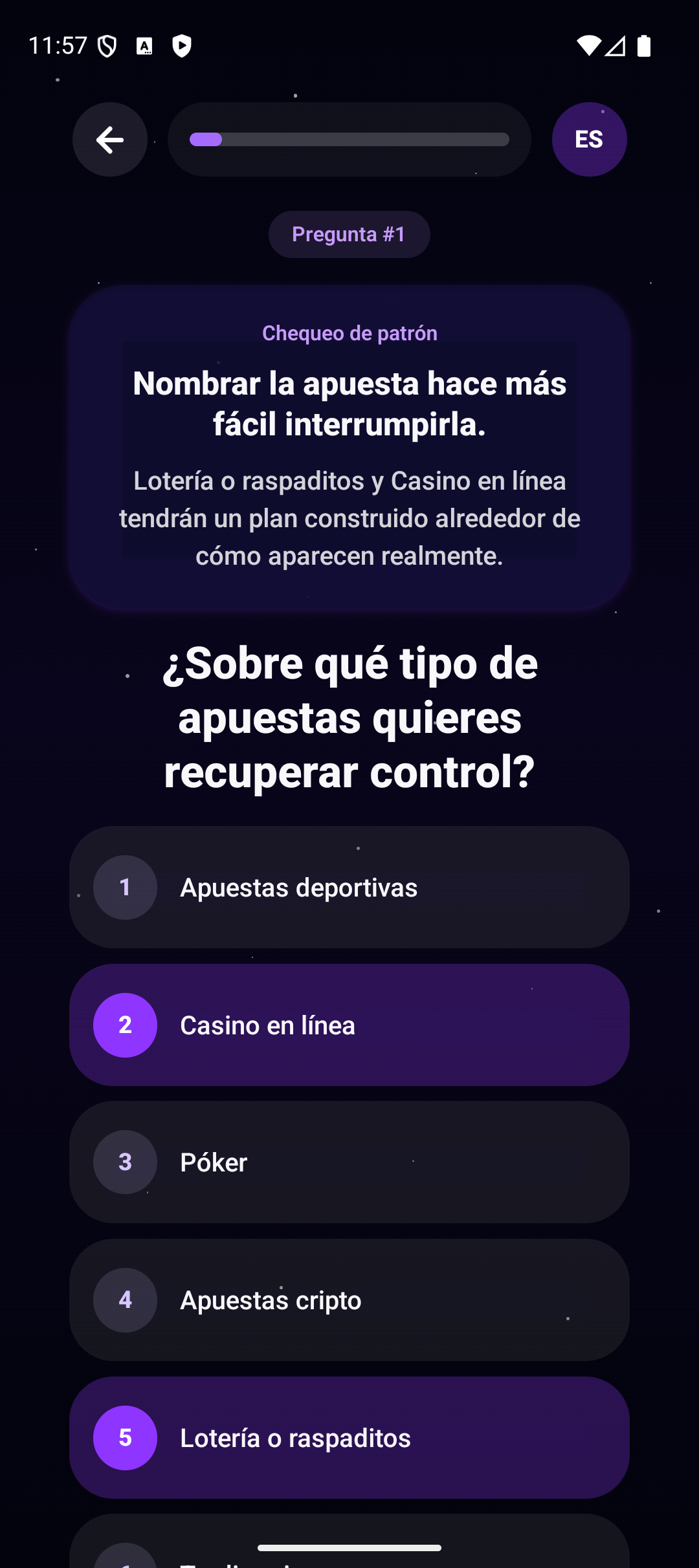 Pantalla de Controol para elegir el tipo de apuestas a recuperar