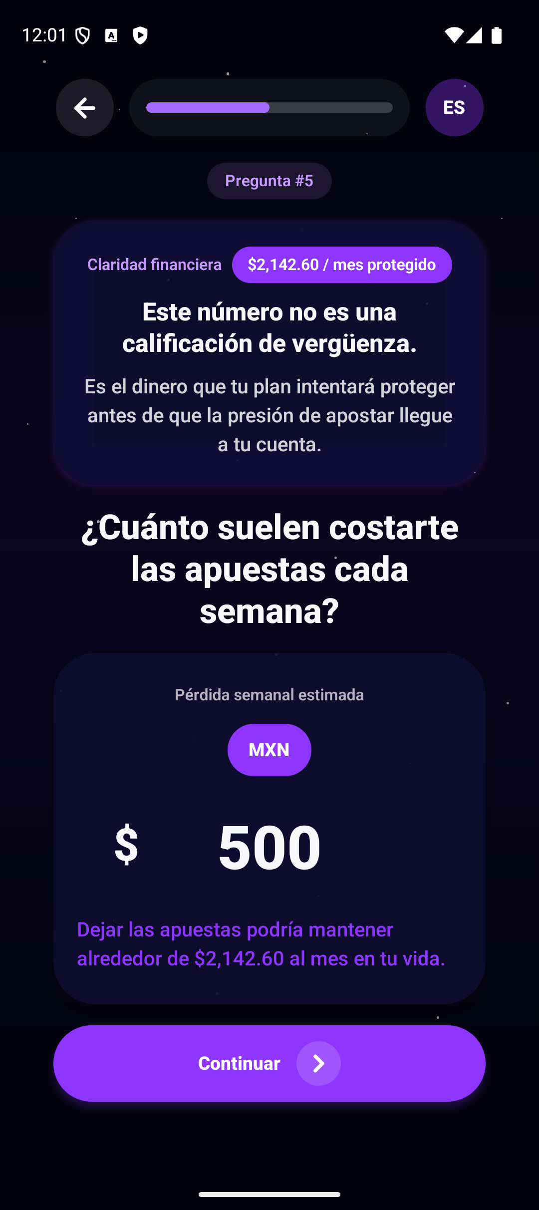 Pantalla de Controol con el dinero protegido al mes